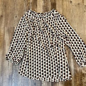 Faith Joy Geometric Blouse Top Retro plus Brown Blue Gold Cream Business Casual